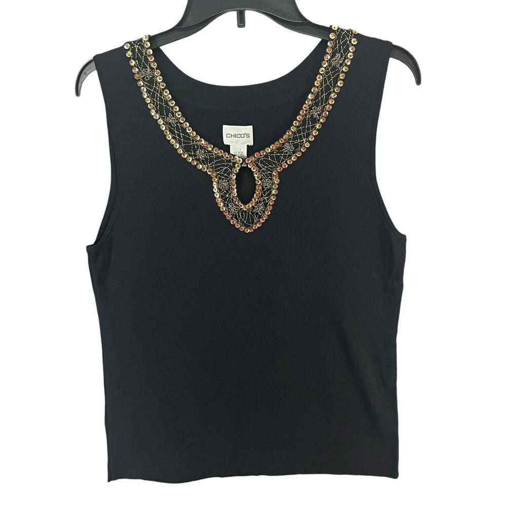 Chicos Knit Tank Top Womens US L Black Cleopatra Sequins Beads Stretch Boho Chic